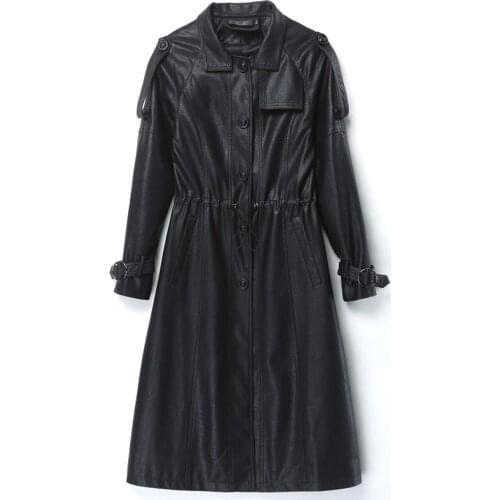 Women Fall Stylish Faux Leather Drawstring Jackets Elegant Trench Coat Korean Clothing Female Streetwear PU Leather Windbreaker