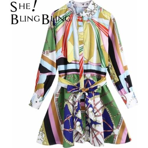 SheBlingBling 2021 Za Print Patchwork Mini Women Spring Autumn O Neck Long Sleeve Dresses Ladies Casual Bow Belt Urban Dresses