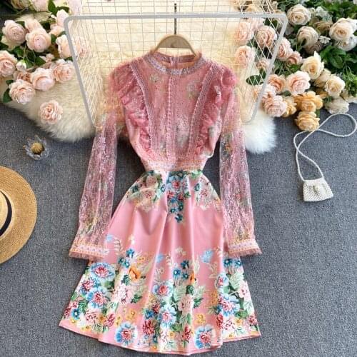 2021 Spring New Arrivals Print Round Collar Long Sleeve High Waist Black Fungus Edge Slim A-line Dress Lace mesh Embroidery