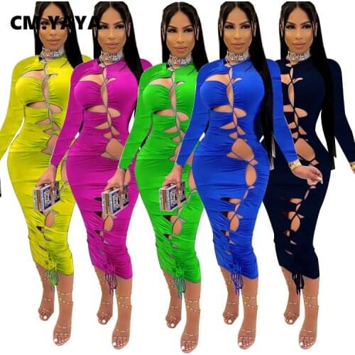 CM.YAYA 2021 Women Midi Dress O-neck Stretchy Hole Full Sleeve Bodycon Bandage Dresses Sexy Night Party Vestidos Autumn