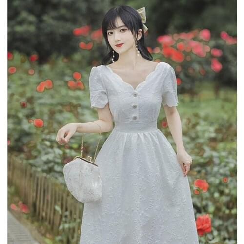 Dresses for women 2021 Jacquard High Waist Petal V-Neck French Retro Dress Summer White Princess First Love Dress