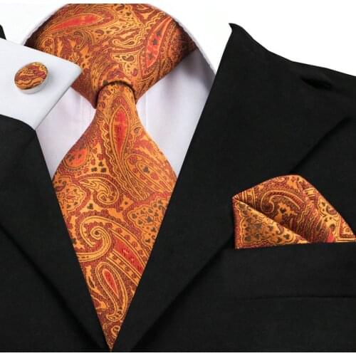 2016 Fashion Silk Jacquard Tie Orange Red Paisley Tie Hanky Cufflink Set Business Wedding Party Ties For Men C-976