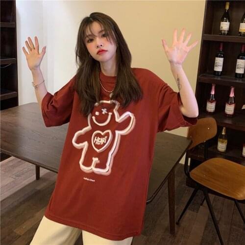2021 Summer Fun Bear Print Womens Short Sleeve T-shirt Japanese Kawaii Korean Style Sweet Best Friend Clothes