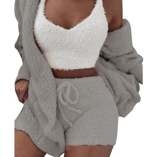 3Pcs Women Autumn Plush Sexy Crop Top Long Sleeve Coat Drawstring Shorts Suit