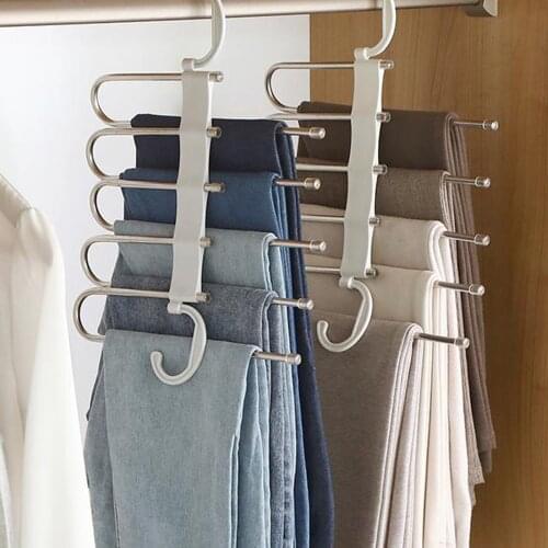 Multi-functional 5 in 1 Trouser Storage Rack Adjustable Pants Tie Storage Shelf Closet Organizer Stainless Steel Clothes Hanger