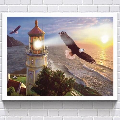 Round full diamond decoration 5D diamond painting seaside lighthouse DIY diamond embroidery kit