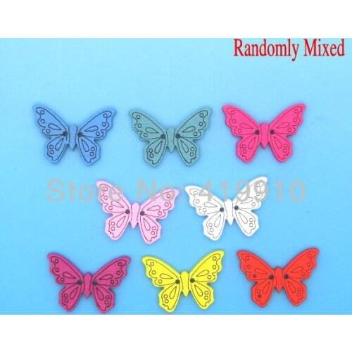 Free shipping -100PCs Randomly Mixed Multicolor Butterfly 2 Holes Wood Painting Sewing Buttons Scrapbooking 24x16mm, M01303