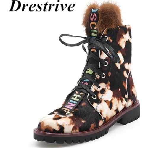 Drestrive Women Ankle Boots Horsehair Low Heel Lace Up Leopard Non Slip Autumn Winter Ladies Shoes Platform 2020 Real Fur