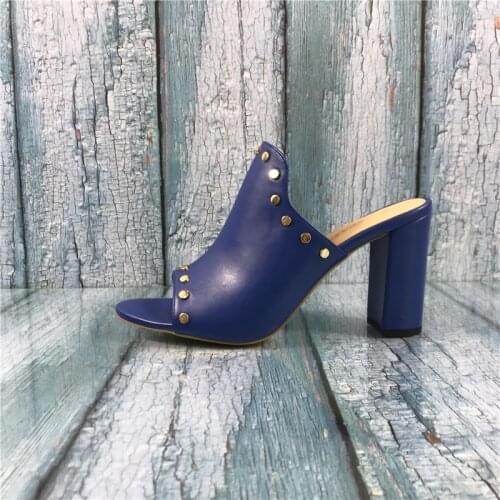 Kmeioo US S 5-15 Fashion Ladies Shoes Rivet Studded Sandals Block Heel Sipper Slip On Dress Casual Woman Shoes Plus Size