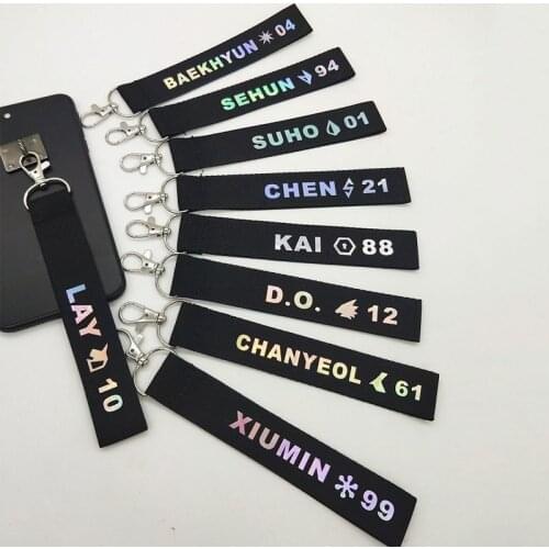 KPOP EXO Laser Printing XIUMIN SUHO LAY BAEKHYUN CHEN CHANYEOL D.O. KAI SEHUN Key Chain Keyring Exploration Strap Lanyard