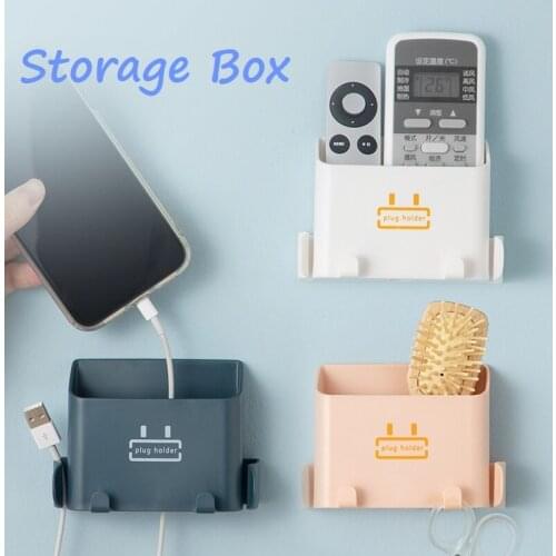 1pc 3colors Multifunction Punch-free Storage Box Wall Mounted Remote Control Mobile Phone Charging Plug Household Storage Rack