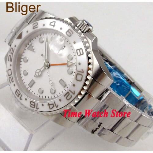 Bliger 40mm automatic wrist watch men GMT waterproof dive pilot steel bracelet date white dial sapphire glass luminous japan139