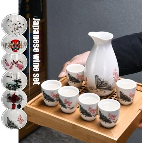 7pcs Japanese Style Sake Wine Warm Chinese Wine Set Ceramic Sake Japan Porcelain Vintage Ceramic Pot Flagon Liquor Spirits Cups