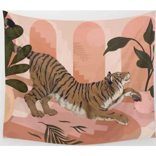 Pink Tiger Tapestry Ainmal Plant Cartoon Dorm Room INS Painted Tapestry Wall Hanging Boho Decor Wall Cloth Tapestry Jungle Tiger