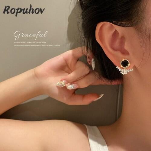 ROPUHOV 2021 New Korean Trendy 925 Silver Needle Two Diamond Crystal Zircon Earrings Pure Black Temperament Versatile Earrings