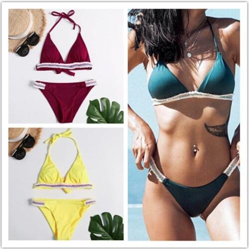 2021 New Womens Solid Color Splicing Swimsuit Tassel Sexy Bikini Swimsuit Woman