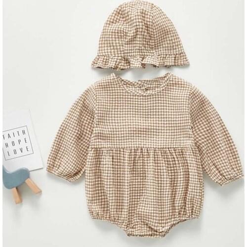 Newborn Baby Clothes Autumn Long Sleeve Baby Bodysuits Plaid Infant Girl One piece With Hat Baby Girl Clothing