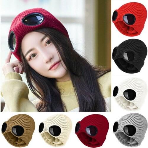 Unisex Solid Color Winter Knit Beanie Hats Ski Goggles Ski Cap, for Women Men Winter Warm Protect Knitted Hat