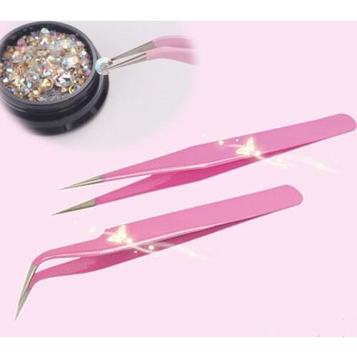1PC Stainless Steel Tweezer Pink Straight Or Bend Tweezer For Eyelash Extensions Nail Art Nippers Makeup Kit Repair Tools