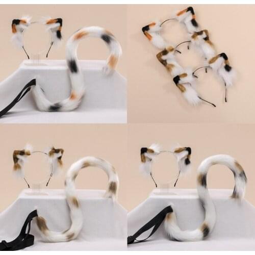 2Pcs Triple Color Plush Faux Fur Kitten Ears Headband Tail Set Christmas Halloween Party Festival Anime Cosplay Costume Accessor