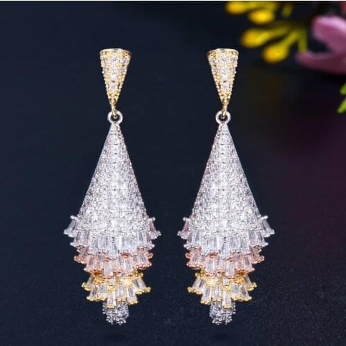 Color Mixing Gold Silver Color Cubic Zirconia Pave Geometry Drop Earrings Female Wedding Party Accessories Women Jewelry