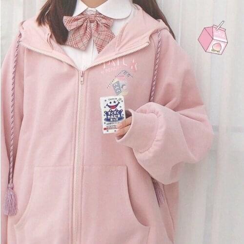QWEEK Japanese Harajuku Kawaii Hoodies Soft Girl Sweet Cute Style Cartoon Zip Up Hoodies Hoodies Woman Streetwear Alt Clothes
