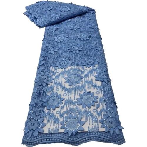 XIYA Sky Blue Color Nigerian Mesh Tulle Lace Fabric Fashion Africa Sequins embroidered Mesh Tulle Lace Fabric NI5039-2