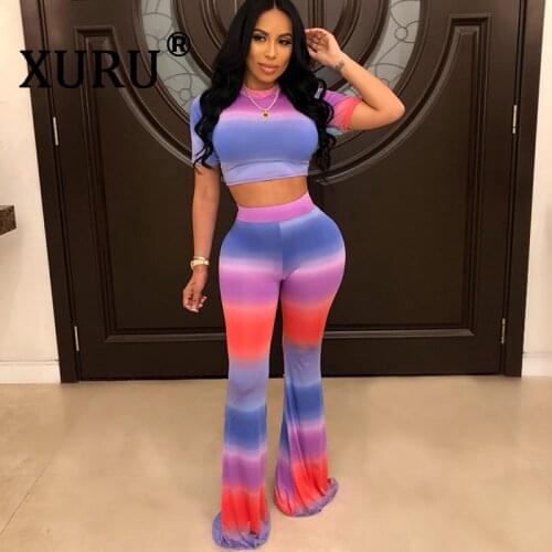 XURU summer new womens print jumpsuit two-piece casual short-sleeved wide-leg jumpsuit set