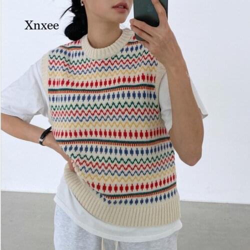 2021 Sleeveless Knitted Vest Vintage Wool Sweater Tank Women Korean Style Casual Pop Art Geometric Pullover Waistcoat Gilet Top