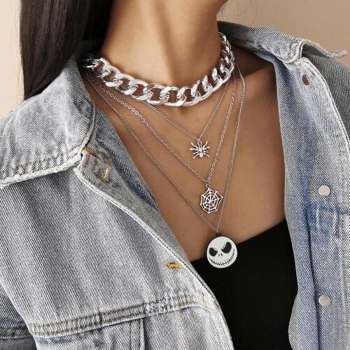 Punk Exaggerated Thick Chain Sexy Charm Spider Web Funny Pendant Jewelry Multi-layer Garbage Aesthetics Hip-hop Necklace Female