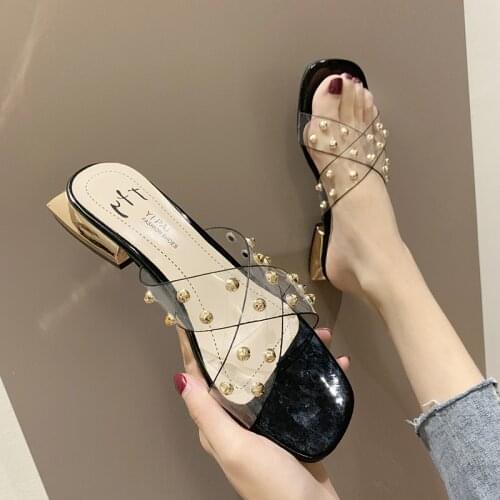 2021 Summer Women Low Heels Sandals Fashion Rivets Transparent Cross Strap Design Gladiator Slippers Luxury Slippers Shoes Woman