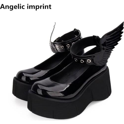 Angelic imprint woman mori girl lolita cosplay punk shoes lady high heels wedges Pumps women princess dress party shoes wings