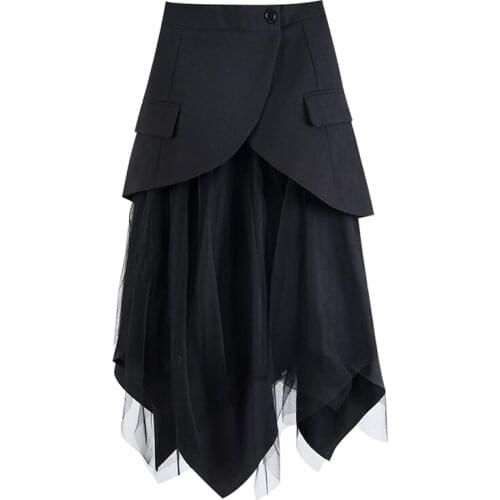 PERHAPS U Black Solid Asymmetrical Mesh Midi Skirt High Street Empire Vintage A Line Skirt S0185