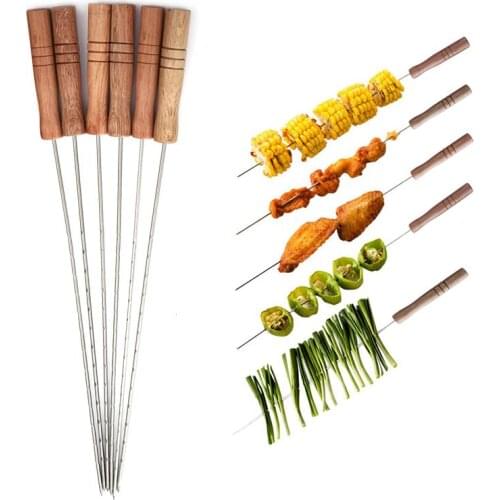 Wooden Barbecue Skewers Metal BBQ Sticks Wood Kabab BBQ Skewer Long Barbecue Grill Needle Wooden Flat Skewers 17inch 45cm