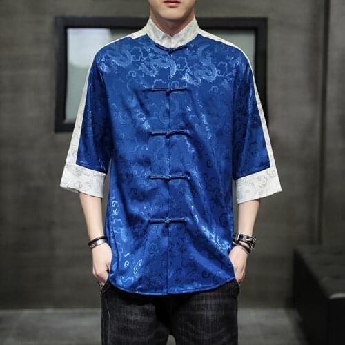 Chinese Shirts Satin Silk Vintage Coat Hanfu Blouse Traditional Chinese Clothing For Men Top Tang Collar New Year Clothes KK3594