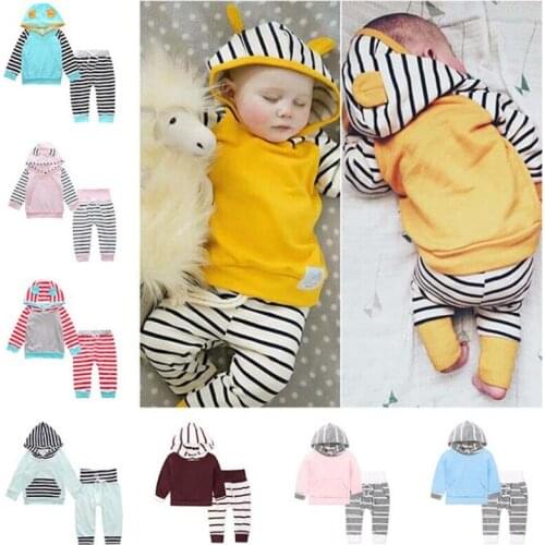 Newborn Baby Girls Clothes Set 2pc Tops T Shirts Long Sleeve Outfits Stripe Pants Casual Hooded Infant Boys Clothing Girls Suit
