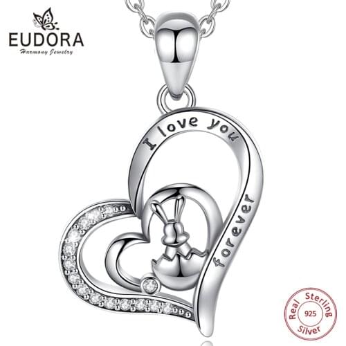 Eudora Real 925 Sterling Silver Cute Easter Bu Necklace I love you forever Clean CZ Pendant FIna Jewelry Gift for Women Mom