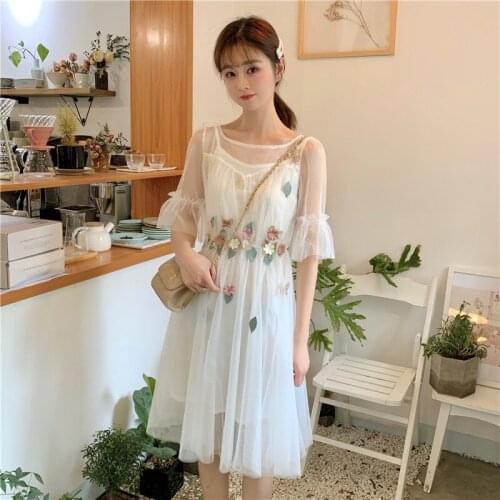 Summer sweet style Womens Clothing Korean mesh perspective woman dress flash sleeve floral Two-piece set dresses fashion new