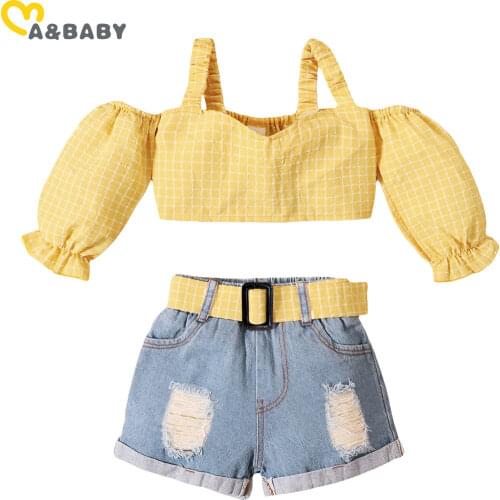 Ma&Baby 1-5Y Summer Fashion Child Kid Girl Clothes Set Off Shoulder Striped Tops Denim Shorts Jeans Outfits Chidren Costumes