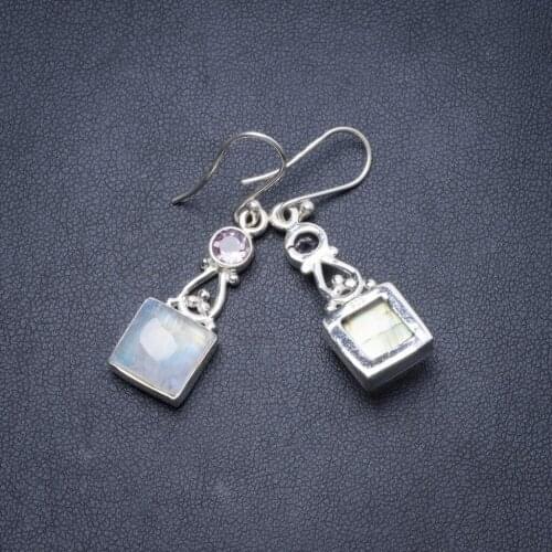 Natural Rainbow Moonstone and Amethyst Handmade Unique 925 Sterling Silver Earrings 1 3/4" Y2362