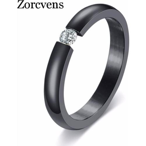 4mm Simple High Polished 4 Colors Stainless Steel Cubic Zirconia Stone Engagement Wedding Rings for Woman