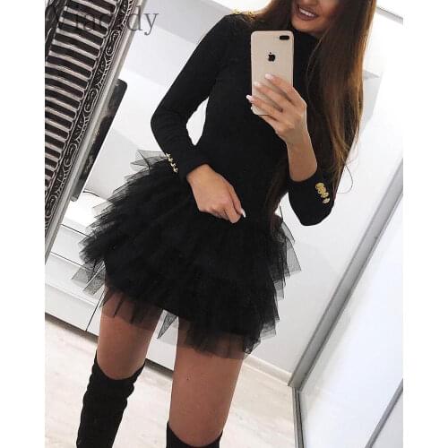 Buttoned Long Sleeve Solid Spliced Mini Dress Women Sexy Party Dress