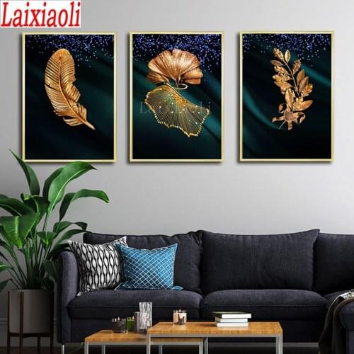 Golden Feather Poster Olive Branch 5D Diamond Painting Cross Ctitch Kit 3 pcs Wall Sticker Mosaic Diamond Embroidery Painting