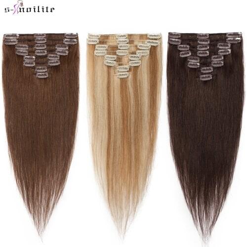 S-noilite 16"-22" 65g-75g 8pcs/Set Human Straight Hair Clip Extensions Tail Natural Black Honey Blonde Ombre Non-Remy Hair Clip