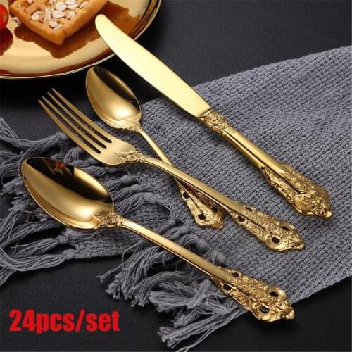 Vintage Western Cutlery 24pcs Dining Knives Forks Teaspoons Set Stainless Steel Luxury Dinnerware Engraving Tableware Set