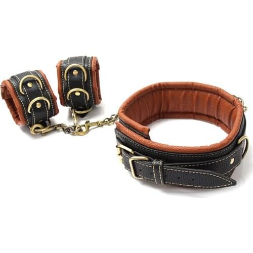High-end leather collar handcuffs set Restraints Bondage Tools Leather chain Comfortable Flirting products Sex Toys For Couple