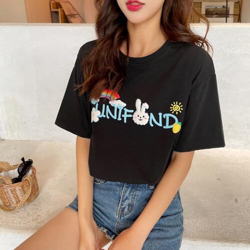 Women letter embroidery T-shirts harajuku Summer short sleeve cotton t-shirt loose Casual black Tops long t shirt kawaii clothes