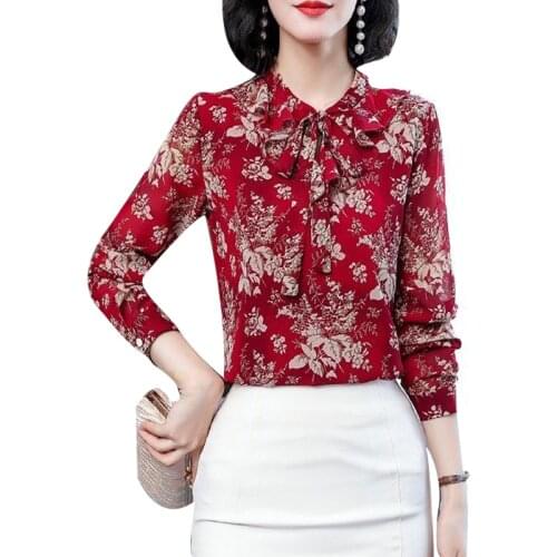 Womens Spring Autumn Chiffon Blouses Shirt Womens V-Neck Printed Bow Long Sleeve Korean Vintage Tops SP813