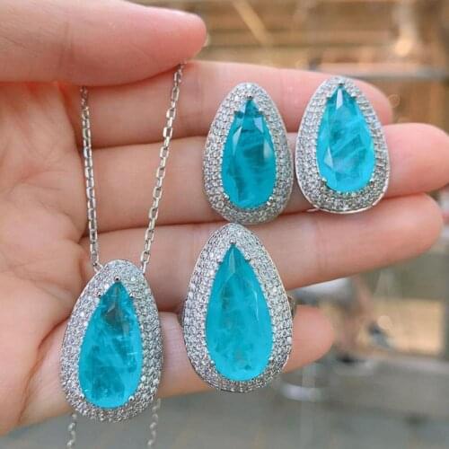 925 Sterling Silver Blue Big Gemstone Party Jewelry Sets For Women Vintage 10*20 Paraiba Tourmaline Necklace Earrings Rings Gift
