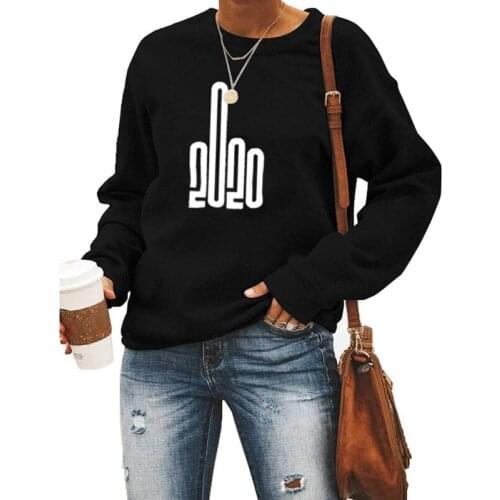 Women Long Sleeve Crew Neck Sweatshirt Funny 2020 Numbers Middle Finger Printed Pullover Tops Solid Color Streetwear
